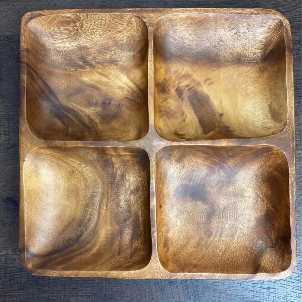 Mountain Woods Hand Carved Wood 4 sectionServing Tray Appetizers Snacks